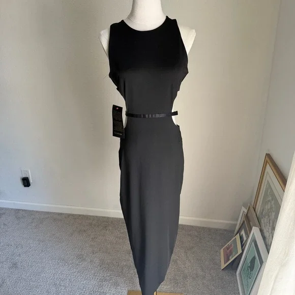 NWT Bebe Slinky Side Cut-Out Midi Dress Jet Black Sleeveless Evening Gown Medium - Picture 2 of 10